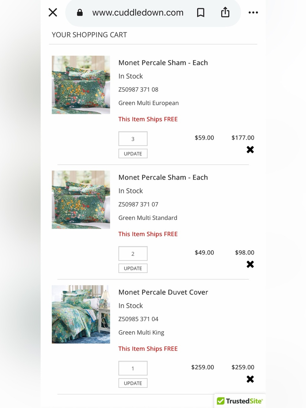 Cuddledown Monet Percale Floral Green King Duvet Cover, 5 Shams - Picture 10 of 10